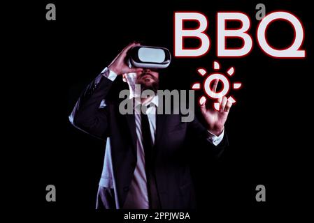 Konzeptionelle Bildunterschrift BBQ. Geschäftsausstellungen werden normalerweise im Freien durchgeführt, indem Fleisch über Holz oder Holzkohle geraucht wird Stockfoto