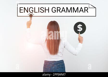 Inspiration mit Zeichen für englische Grammatik. Die Kurse zur Unternehmensüberblick decken alle Ebenen der englischen Sprache und des Schreibens ab Stockfoto