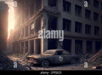 Nach der Apokalypse verlassene und abgerissene Stadt Ruinen Landschaft Stockfoto