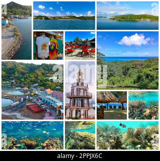 Collage about Roatan, Honduras - Draufsicht auf den Hafen und das Stadtzentrum von Coxen Hole, Schnorcheln unter Wasser und Angeltour mit dem Boot am Karibischen Meer Stockfoto