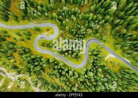 Autofahrt auf der berühmten Snake Road am Italian Giau Pass. Zufahrt mit Autos umgeben von Nadelwäldern der Alpen aus der Vogelperspektive Stockfoto