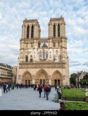 Wunderschönes Portal der berühmten Kathedrale Notre Dame in Paris vor dem Feuer Stockfoto