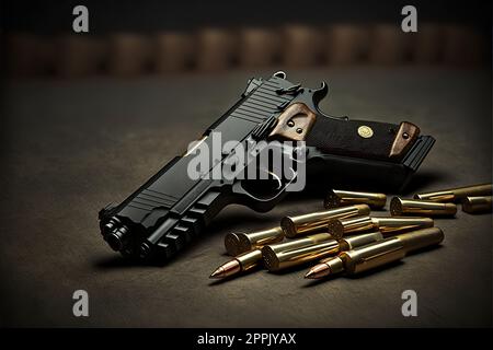 Handfeuerwaffe mit Munition auf dunklem Hintergrund. 9-mm-Pistole, Militärwaffe und ein Haufen Munition am Metalltisch Stockfoto