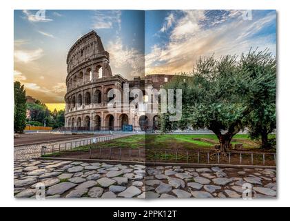 Italien, Rom - Sonnenuntergang hinter dem Kolosseum, dem berühmtesten römischen Wahrzeichen. Stockfoto