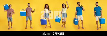 Collage mit Fotos von Personen mit coolen Boxen auf gelbem Hintergrund. Bannerdesign Stockfoto