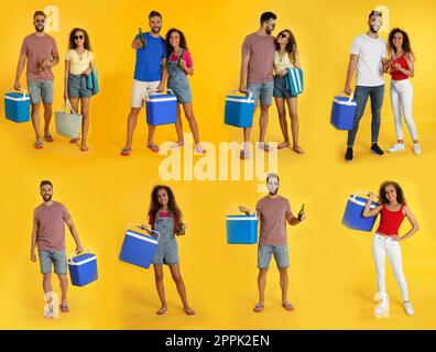 Collage mit Fotos von Personen mit coolen Boxen auf gelbem Hintergrund Stockfoto