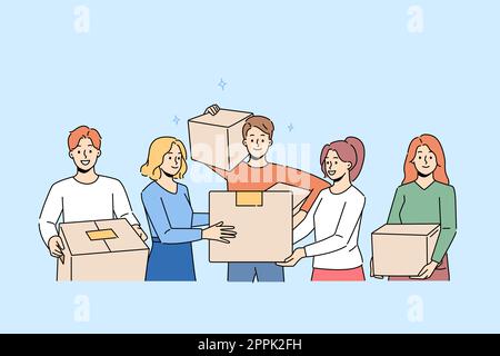 Lächelnde Menschen mit Kartons, die sich zusammenbewegen. Glückliche Männer und Frauen mit Paketen, die in ein neues Zuhause umziehen. Vektordarstellung. Stock Vektor
