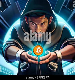 Konzeptionelles Bild eines Hackers, der Bitcoin besitzt. Stockfoto