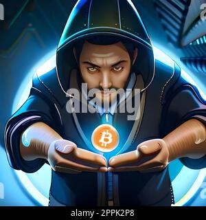 Konzeptionelles Bild eines Hackers, der Bitcoin besitzt. Stockfoto