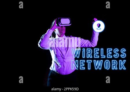 Das Schild zeigt Wireless Network (WLAN) an. Im Computernetzwerk geschriebenes Wort, das drahtlose Datenverbindungen verwendet Stockfoto