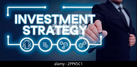 Konzeptionelle Darstellung der Investitionsstrategie. Word für Regelwerk Vorgehensweisen Leitfaden für einen Investor Stockfoto