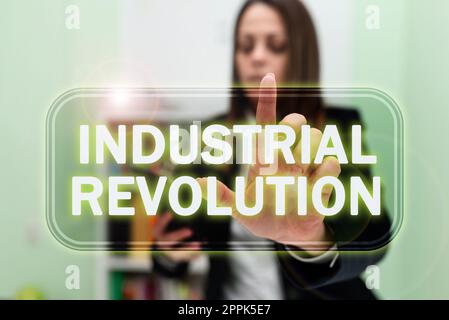 Inspiration zeigt Zeichen Industrielle Revolution. Business-Schaufenster Veränderungen in der Herstellung und Transport von Waren Stockfoto