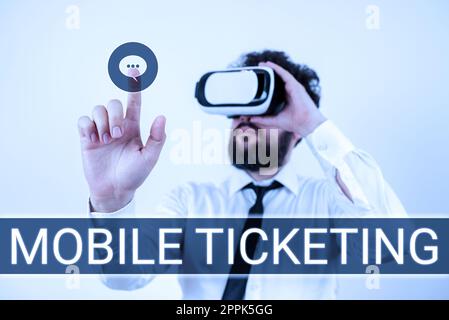 Schreiben mit Textanzeige Mobile Ticketing. Tickets für Geschäftskonzepte werden als Textnachricht mit einem speziellen Barcode empfangen Stockfoto