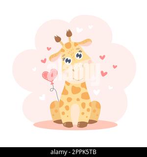 Süße kleine Giraffe. Vektordarstellung eines fröhlichen Charakters mit Ballon im Cartoon-Stil isoliert auf weißem Hintergrund. Stock Vektor