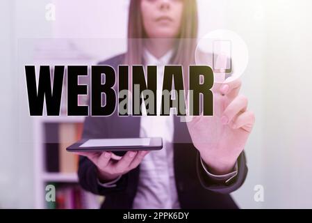 Webinar: Handschriftstellschild. Wort für ein ansprechendes Online-Event, bei dem ein Redner eine Präsentation vorstellt Stockfoto
