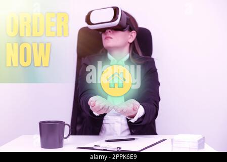 Textunterschrift zur Präsentation von „Jetzt bestellen“. Konzeptueller Fotoservice Restaurants oder Geschäfte bieten, um das zu bekommen, was Sie nach Hause brauchen Stockfoto