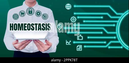 Text zeigt Inspirationshomöostase. Geschäftsidee die Tendenz zu einem Gleichgewicht zwischen voneinander abhängigen Elementen Stockfoto