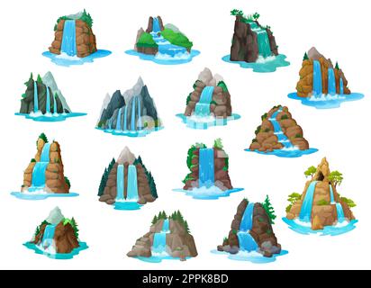 Wasserfall und Wasserfälle, Spielmaterial für Cartoon-Level, Vektor-GUI-Naturlandschaft. Wasserfall und Kaskaden vom Bergfluss oder Inselfelsen Hi Stock Vektor