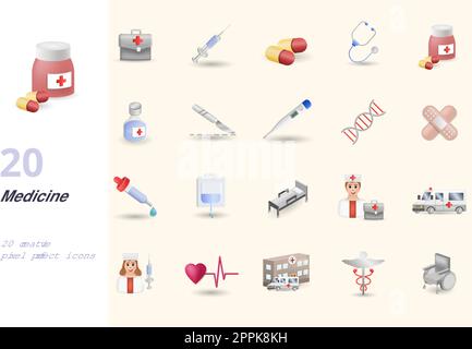 Medizin-Set. Kreative Symbole: Medizinische Tasche, Spritze, Pillen, Stethoskop, Pillen Flasche, Mischung, Skalpell, Thermometer, dna, Gips, Pipette, Tropfen Stock Vektor