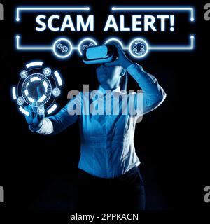 Handgeschriebenes Schild „Scam Alert“. Geschäftsansatz, der eine Person vor einem Plan oder Betrug warnt, bemerkt ungewöhnliche Stockfoto