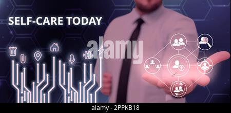 Handschriftlicher Text Self Care Today. Geschäftskonzept die Praxis, Maßnahmen zur Verbesserung der eigenen Gesundheit zu ergreifen Stockfoto