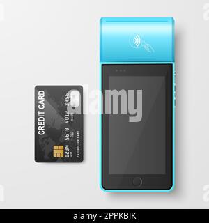 Vector 3D Red NFC-Zahlungsgerät und Kreditkarte getrennt. WiFi, Wireless-Bezahlung. POS-Terminal, Machine Design Template of Bank Payment Contactless Terminal, Mockup. Draufsicht Stockfoto