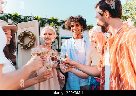 Freunde machen ein Picknick und stoßen mit Weingläsern an Stockfoto