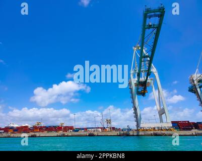 Miami, USA - 23. April 2022: Viele Container in Port Miami, einem der größten Frachthäfen Stockfoto