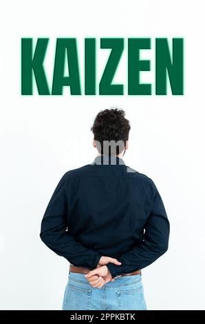 Textzeichen mit Kaizen. Begriff bedeutet japanische Unternehmensphilosophie der Verbesserung der Arbeitsmethoden Stockfoto