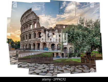 Italien, Rom - Sonnenuntergang hinter dem Kolosseum, dem berühmtesten römischen Wahrzeichen. Stockfoto