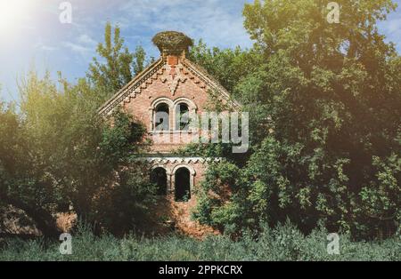 Verlassenes und zerstörtes altes Backsteinhaus im Wald Stockfoto