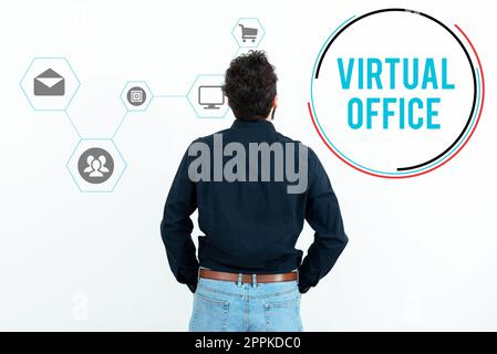 Konzeptionelle Darstellung Virtual Office. Word für mobile Arbeitsumgebung mit Telekommunikationsverbindungen Stockfoto