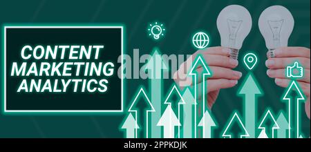 Konzeptionelle Darstellung Content Marketing Analytics. Konzept bedeutet, dass der Fokus darauf liegt, Aufmerksamkeit zu erregen und Leads zu generieren Stockfoto