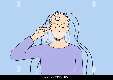 Kahlköpfiger Mensch mit Elektroden am Kopf, der in der Neurowissenschaft tätig ist. Hirntester mit EEG. Neurologie und Wissenschaft. Vektordarstellung. Stock Vektor