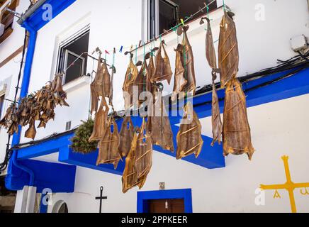 Traditioneller getrockneter Fisch vor einem Cudillero-Haus, Asturien, Spanien Stockfoto