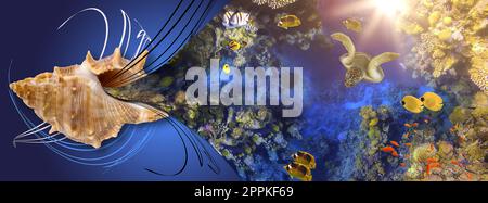 Farbenfrohes Korallenriff mit vielen Fischen. Kunstdesign des Karibischen Meeres - Reisekonzept und Konzept „Save Ocean Life“ Stockfoto