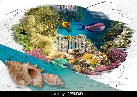 Farbenfrohes Korallenriff mit vielen Fischen. Kunstdesign des Karibischen Meeres - Reisekonzept und Konzept „Save Ocean Life“ Stockfoto