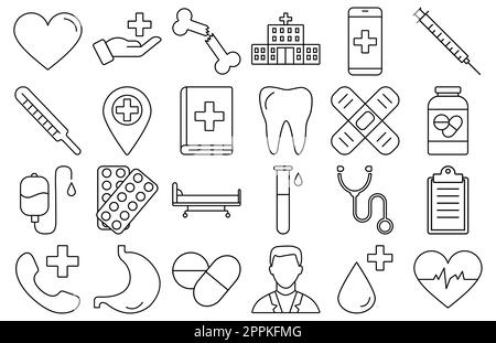 Medizin- und Gesundheitssymbole - Minimaler dünner Web-Symbolsatz. Symbolsammlung der Modellstruktur. Einfache Vektordarstellung. Stock Vektor