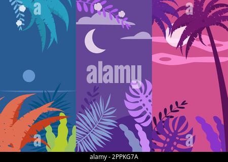 Sommerhintergründe Blumenpflanzen exotische Pflanzen Blätter, Banner, Poster, Cover-Design-Vorlagen, Social-Media-Storys Wallpaper, Vektor isoliert Stock Vektor