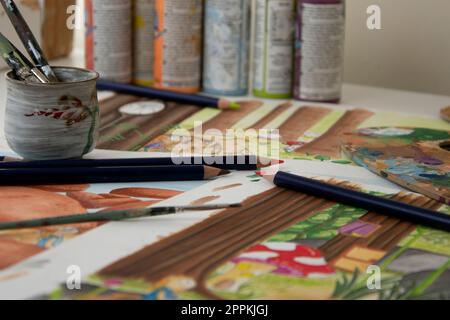 Acrylfarbe, Malerei, Büsche, Farbe und Bleistifte Stockfoto