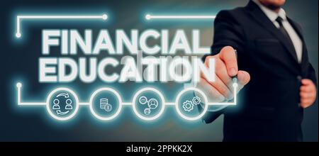 Konzeptionelle Darstellung Financial Education. Internet-Konzept zum Verständnis von Währungsgebieten wie Finanzen und Investitionen Stockfoto