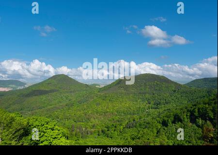 Blick von der Burg Trifels über den Pfalz mit der Oberrheinebene im Hintergrund, Annweiler, Pfalz, Rheinland-Pfalz, Deutschland Stockfoto