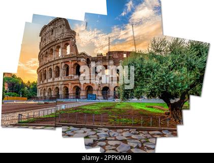 Italien, Rom - Sonnenuntergang hinter dem Kolosseum, dem berühmtesten römischen Wahrzeichen. Stockfoto