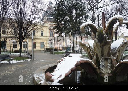 Sremska Mitrovica, Serbien 01.27.2023 Brunnen Steinblume im Central Park. Schneewolke im Winter. Schneebedeckter Stadtpark. Dekorative architektonische Formen. Bäume, Bibliothek und Stadtarchiv. Stockfoto