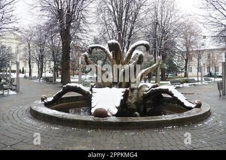 Sremska Mitrovica, Serbien 01.27.2023 Brunnen Steinblume im Central Park. Schneewolke im Winter. Schneebedeckter Stadtpark. Dekorative architektonische Formen. Bäume, Bibliothek und Stadtarchiv. Stockfoto