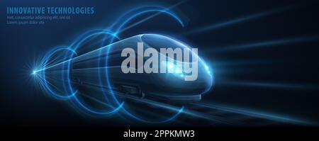 Schneller, moderner Expresszug, keine Hochgeschwindigkeitsbahn in hyperloop, die sich aus dem Blitzlicht bewegt. Futuristische Technologie, digitaler Transponder der Hightech-Zukunft Stock Vektor