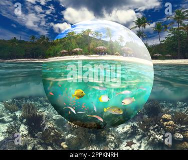 Farbenfrohes Korallenriff mit vielen Fischen und Meeresschildkröten. Kunstdesign Stockfoto