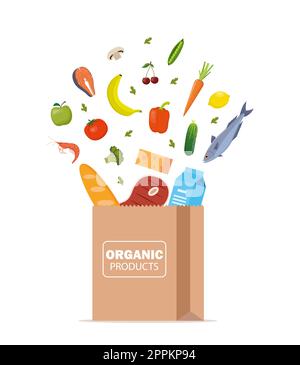 Frische gesunde Produkte werden in eine Papiertüte geworfen. Bio-Lebensmittel vom Bauernhof. Gemüse, Brot, Milchprodukte, Weinrebe, Fleisch, Fisch und Obst. Essen Stock Vektor