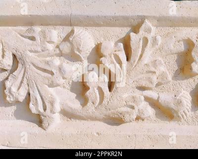 Ziergegenstände, skulpturelle Zeichnung strukturierter Pflanzenelemente. Dekoration der Wand mit Stuck in Dubrovnik, Kroatien. Ein Stück Shamrocks. Acanthus ist eine pflanzliche Vegetation, Blätter sind Stuckelemente. Stockfoto