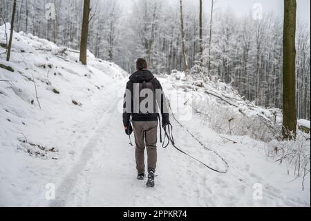 Ein junger Mann mit kurzen braunen Haaren, warmen Kleidern und Rucksack geht im Winter mit seinem grauen akita inu Hund im Wald spazieren, mit viel Schnee, Rückansicht Stockfoto